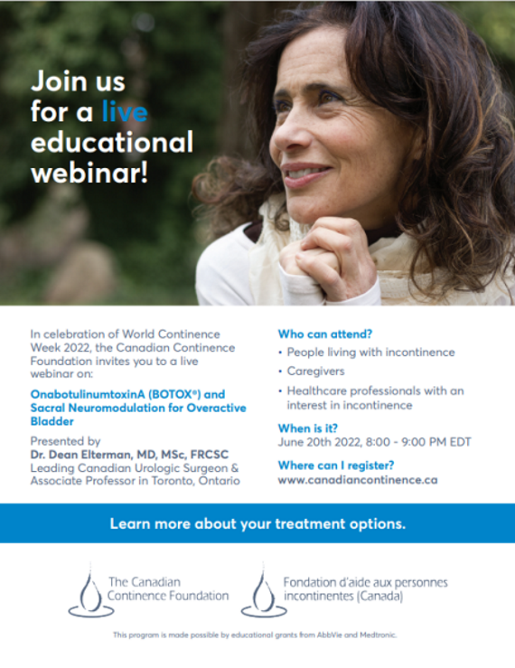Canadian Continence is hosting an Incontinence Webinar on June 20th, 2022. Follow the link to register and for more information.